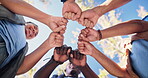 People, fist and hands in circle in outdoor for support or community program, solidarity and diversity with unity for synergy. Teamwork, huddle and together for volunteer for park or garden cleanup.