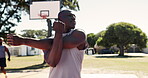 Fitness, start and stretching with black man on basketball court for game, practice or training. Exercise, sports and warm up with athlete getting ready for competition or performance outdoor