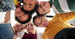 Children, face and outdoor huddle with smile from below for school trip at park for bonding, adventure or group. Boys, girls and summer in circle with diversity for childhood connection, fun or play