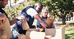 Woman, food and checklist in outdoors, help and community service for social responsibility. Volunteers, manager and packing grocery bags for society project, non profit and team for accountability