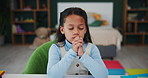 Worship, hands and girl with praying in bedroom for learning, support and faith in education. Peace, trust and child with spiritual connection at home for praise, development and religious growth