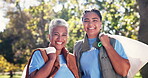 Recycling, face and women volunteering with plastic bag for community service, outreach or waste. Portrait, charity and friends with bag for trash collection, pollution or earth day project in park
