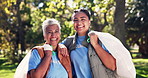 Recycling, face and happy women volunteering with plastic bag for community service, outreach or waste. Portrait, charity and friends for trash collection, pollution or earth day project in park