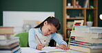 Girl, homework and writing at desk, books and abacus for studying in home. Bedroom, learning and academic for development for young student person, notes and workbook with pen for assignment notebook