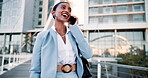 Indian woman, outdoor and happy with phone call as lawyer on conversation with client and satisfied. Street, legal advisor and smile for good news with discussion, connection and networking in London
