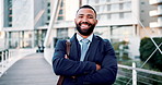 Happy, face and businessman with arms crossed at office building for new job, opportunity or dream career with confidence. Portrait, pride and manager in Brazil for travel, immigration and ambition