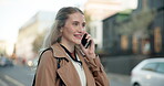 City, business woman and phone call for networking, communication and talking with contact. Female journalist, happy and mobile conversation with smartphone, smile and commute to job in morning