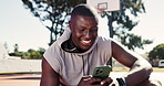 Male athlete, laugh and phone in typing, scrolling or online for web, entertainment and social media. African man, tech and sports news in outdoor on digital, betting and gaming on mobile for results