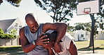 Mature dad, son and happy on basketball court for training, exercise and sport for fitness in Atlanta. Black people, support and care for bonding or smile for passion, skill and motivation in outdoor