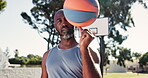 Black man, portrait and confident with basketball in outdoor at court for training, exercise and sport for fitness in Atlanta. Athlete, healthy and workout or practice as player with confidence