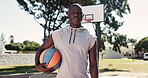 Black man, portrait and confident at basketball court in outdoor for training, exercise and sport for fitness in Atlanta. Athlete, healthy and workout or practice as player with passion for career