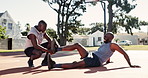 Basketball, help and black man with pain in leg, accident or support with first aid on outdoor playground. Game, friends and player with sports injury on court for fitness, training and muscle cramp.