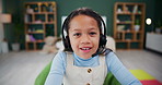 House, video call and student with headphones, girl and education with online class, distance learning and speaking. Greeting, kid and child development with tech, headset and face with conversation