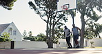 Black men, training and run for workout, exercise and fitness for health and wellness. Athlete, coach and cardio with New York basketball court, sport and marathon practice for body motion and muscle