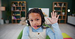 Home, video call and student with headphones, girl and education with conversation, distance learning and wave. Greeting, kid and child development with tech, headset and online class with hello