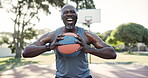 Man, basketball and strong or outside on court, sports athlete and screaming for wellness exercise. Energy, spirit and power player shouting, motivation and training with passion and mindset 