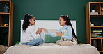 Kids, timelapse or girl siblings on bed with hand game, fun and playful bonding in their home together. Family, love or children with childhood palm match in bedroom with support, teaching or contest