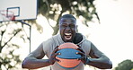 Black man, portrait and screaming with basketball ball in outdoor on training, exercise and sport for fitness in Atlanta. Athlete, healthy and workout for competition as player with energy for career