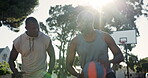 Man, outdoor and practice with basketball in court, father and son for bonding in sport. Dribble, teaching and coaching for wellness or fitness, energy and training together with teamwork and player