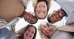 People, business and face with smile in huddle for teamwork support or collaboration, below or professional. Men, women and diversity as group project at creative agency or solidarity, union or goals
