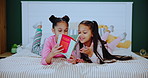 Children, siblings or reading book timelapse on bed with love, care and learning with fun bonding at home. Family, kids and girls with fairytale for storytelling, teaching or fantasy in a bedroom