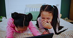 Children, siblings and girls laughing with tablet on bed for streaming video, movie or anime, cartoon or comic at home. Digital, joke and funny kids in bedroom with silly ebook or storytelling app