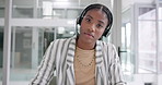 Black woman, call centre and face in office, operator and receptionist or assistant service. Female person, professional and customer care hotline with headset, agent portrait and writing notes