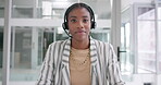 Black woman, call centre and face in office, speaking and receptionist or assistant service. Female person, professional and customer care hotline with headset, agent portrait and telemarketing offer