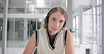Woman, call centre and face in office, consultant and receptionist or assistant service. Female person, professional and customer care hotline with headset, agent portrait and writing notes on client