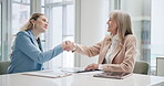 Business people, women or handshake for welcome or deal in office with smile, interview or onboarding. Human resources, employee or manager with shaking hands for hiring, thank you or congratulations