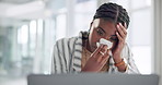 Business, headache and black woman with tissue, laptop and bacteria with flu season, stress and burnout. African person, employee or consultant with virus, migraine and cold symptoms with allergy