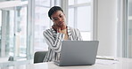 Business, woman and laptop with neck pain by desk for injury, discomfort and burnout in office. African employee, professional and body ache with massaging for stress, mental health and overworked