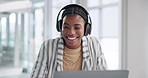 Music, headphones and black woman on laptop in office for business, dancing and agent listening to hip hop. Radio, break and happy professional streaming audio on tech, sound and relax in startup