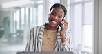 Discussion, phone call and receptionist woman in office for conversation, confirm schedule or update agenda. Business, communication and talk on mobile for information, laptop or planning meeting