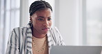 Confused, office and business black woman on laptop with mistake, glitch and 404 error on computer. Stress, professional and person on computer with worry, anxiety and frustrated with online crisis