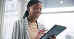 Black girl, business and typing on tablet in office for email or social media management for company, online research and happy. Woman, digital technology and browsing internet, networking and news.