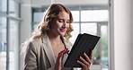 Tablet, smile and business woman in office for project review, networking or feedback. Professional, online and employee at advertising agency for internet browsing, planning or schedule update