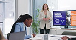 Businesspeople, presenter and digital display for briefing, information and discussion on machine learning. Female person or leader and team meeting for communication on ai and tech revolution 