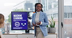 Business, presentation and black woman in meeting, ai and machine learning with ethical guidelines. Group, coworkers and presenter with corporate training, compliance officer and system development