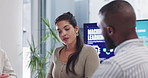 Collaboration, meeting and planning with business people on boardroom of office for machine learning discussion. AI brainstorming, coaching and project management with employee team in workplace