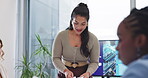 Meeting, boardroom and smile with documents, woman and talking to group of presentation for machine learning engineer. Office, man and women with job of research, maintain and improve ai for work