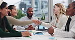 Businesspeople, handshake and deal with boardroom, discussion and partnership for communication. Software engineers, group and diversity for office, planning and team for ai machine learning webinar