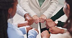 Group, businesspeople and hands with partnership, circle and fists for collaboration. Coworkers, office and diversity with trust, mission and team building for recruitment or hiring with company