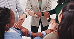 Group, businesspeople and hands with mission, circle and peace sign for collaboration. Coworkers, office and diversity with trust, team building and partnership for recruitment or hiring with company