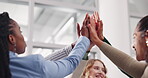 Group, coworkers and hands with team building, circle and high five for collaboration. Businesspeople, office and diversity with trust, mission and partnership for recruitment or hiring with company