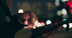 Night, man and finger on tablet in city for communication, social media or browsing on website. Male person, hands and digital tech from working late by texting, chatting and scroll for travel app