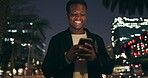 Night, walking and black man with smartphone in city for communication, social media or networking. Smile, contact and happy man with mobile phone for texting, online notification or typing post