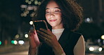 Woman, cellphone and laughing city night with bokeh lights for downtown travel, social media or meme. Female person, funny and smartphone with car traffic or New York evening, internet or digital app