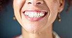 Dentistry, teeth and woman with smile for before and after with whitening in studio for oral care. Happy, mouth and female person with dental hygiene treatment for stain removal by gray background.