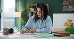 Home, girl and writing homework in study room for university exams, test and academic assignment. Student, notebook or pen for learning, research information and education with concentration in house